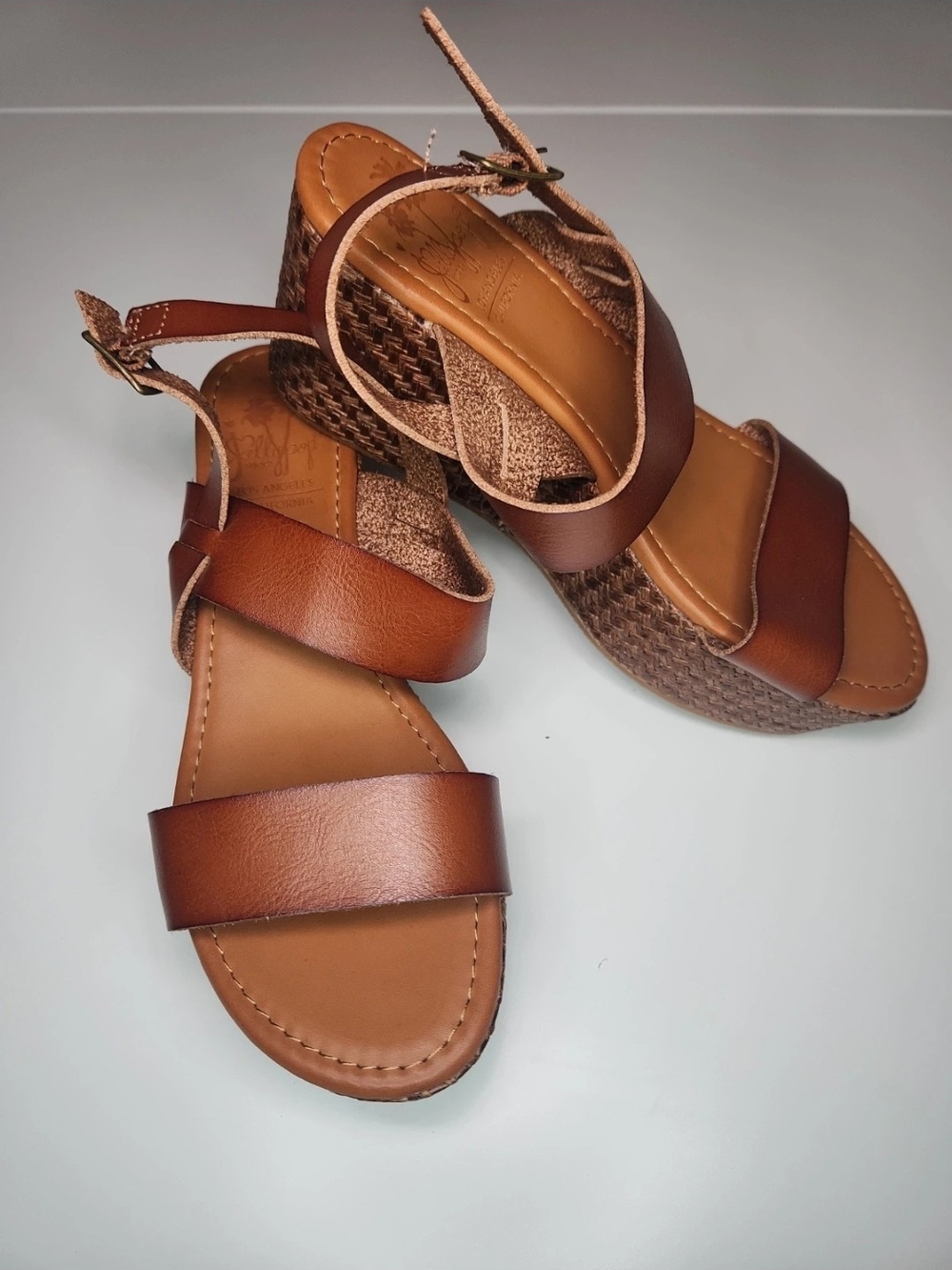 Jellypop Cognac Tan Woven Wedge Sandals
